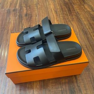 Hermes H Logo Chypre Sandals Black Leather Size 37 Women